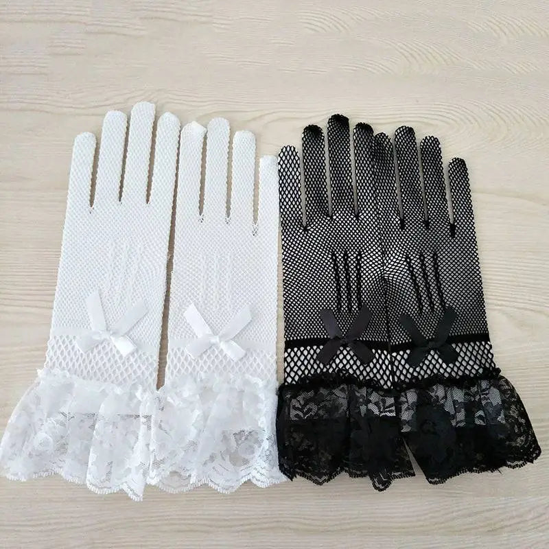 Black Fishnet Stretch Mesh Gloves with Lace Cuffs