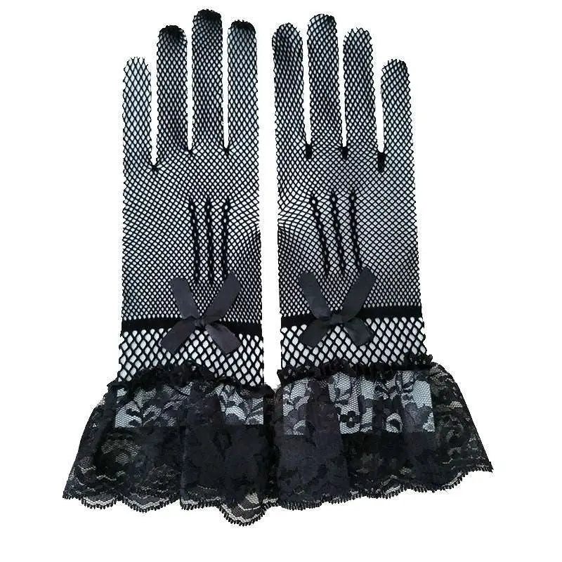 Black Fishnet Stretch Mesh Gloves with Lace Cuffs