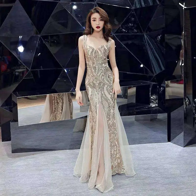 Black Fishtail Long Summer Sequins Sling Evening Dress