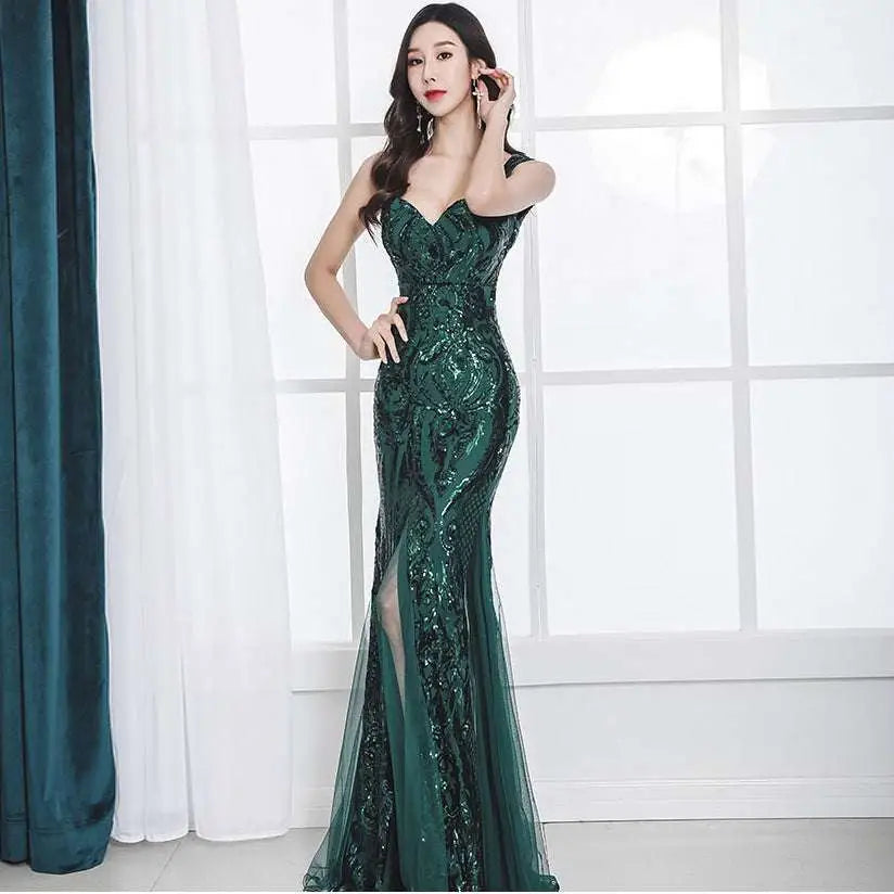 Black Fishtail Long Summer Sequins Sling Evening Dress