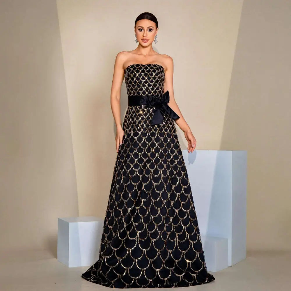 Black Gold Large Swing Sequined Evening Dress
