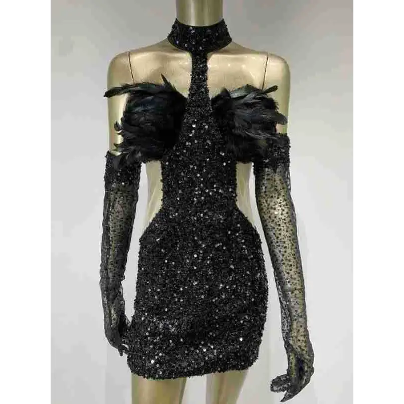 Black Halter Feather Sequins Short Mini Dress