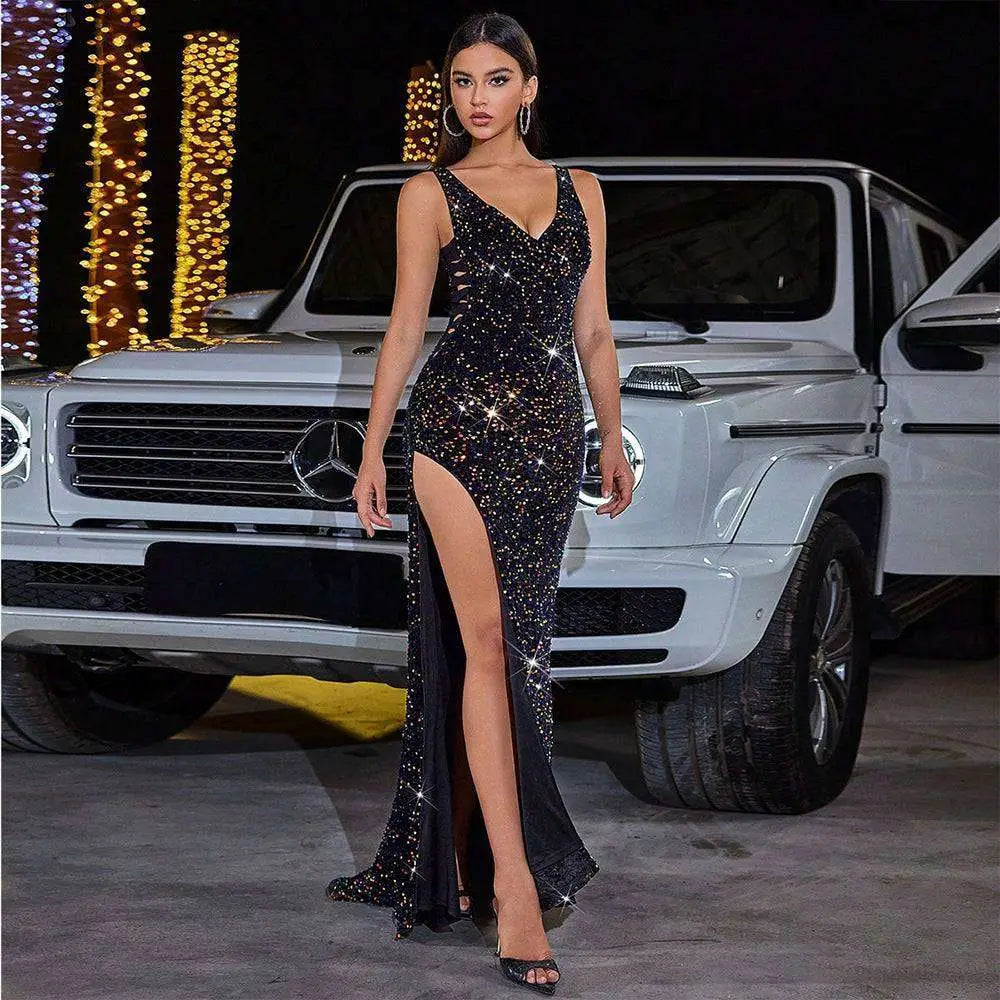 Black High Slit Sequined Evening Dress