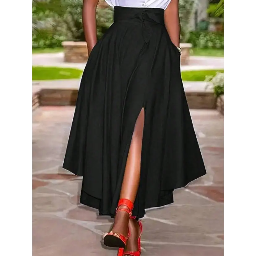 Black High Waist Simple Daily Slit Midi Skirt