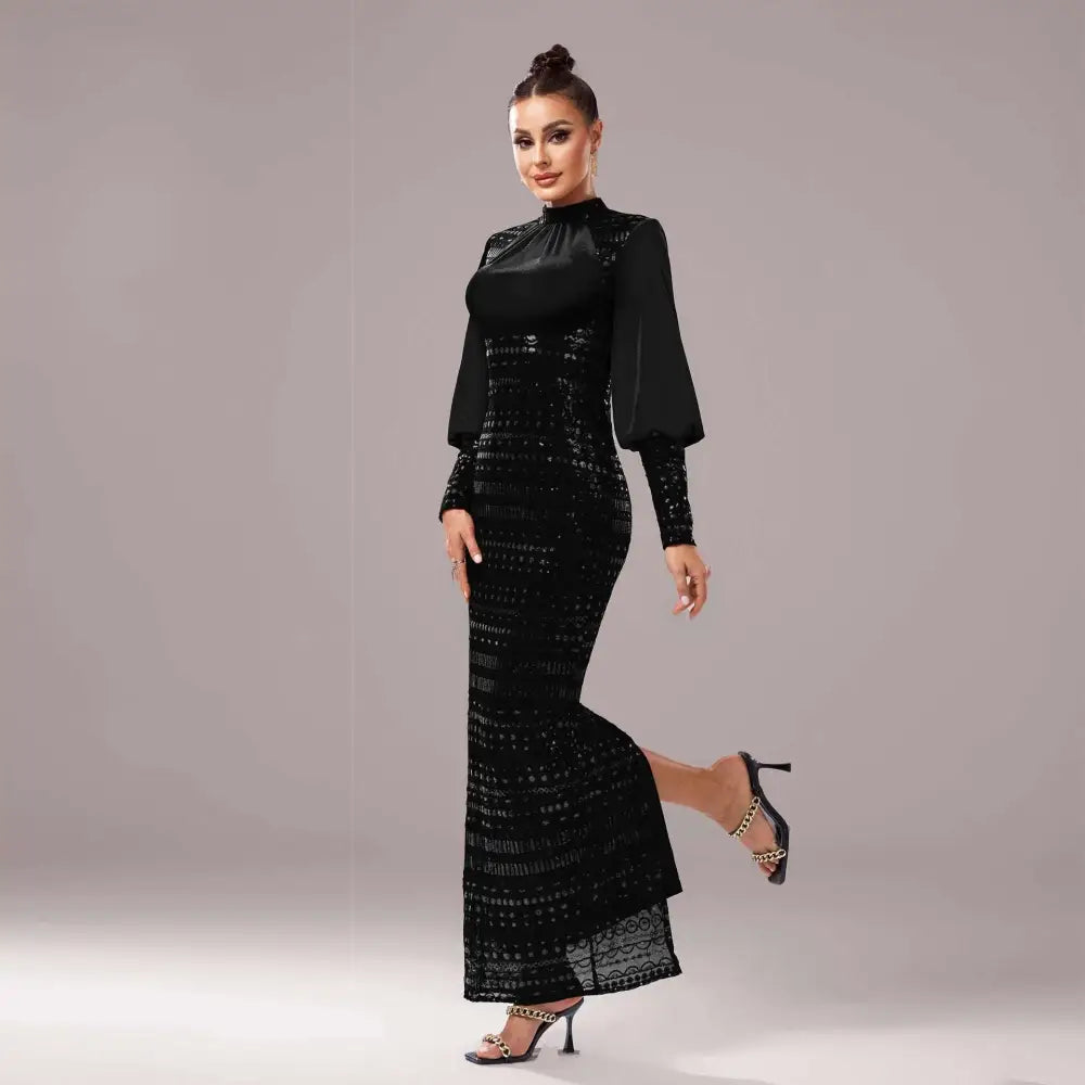 Black Lace Long Sleeve Round Neck Sequined Maxi Dress