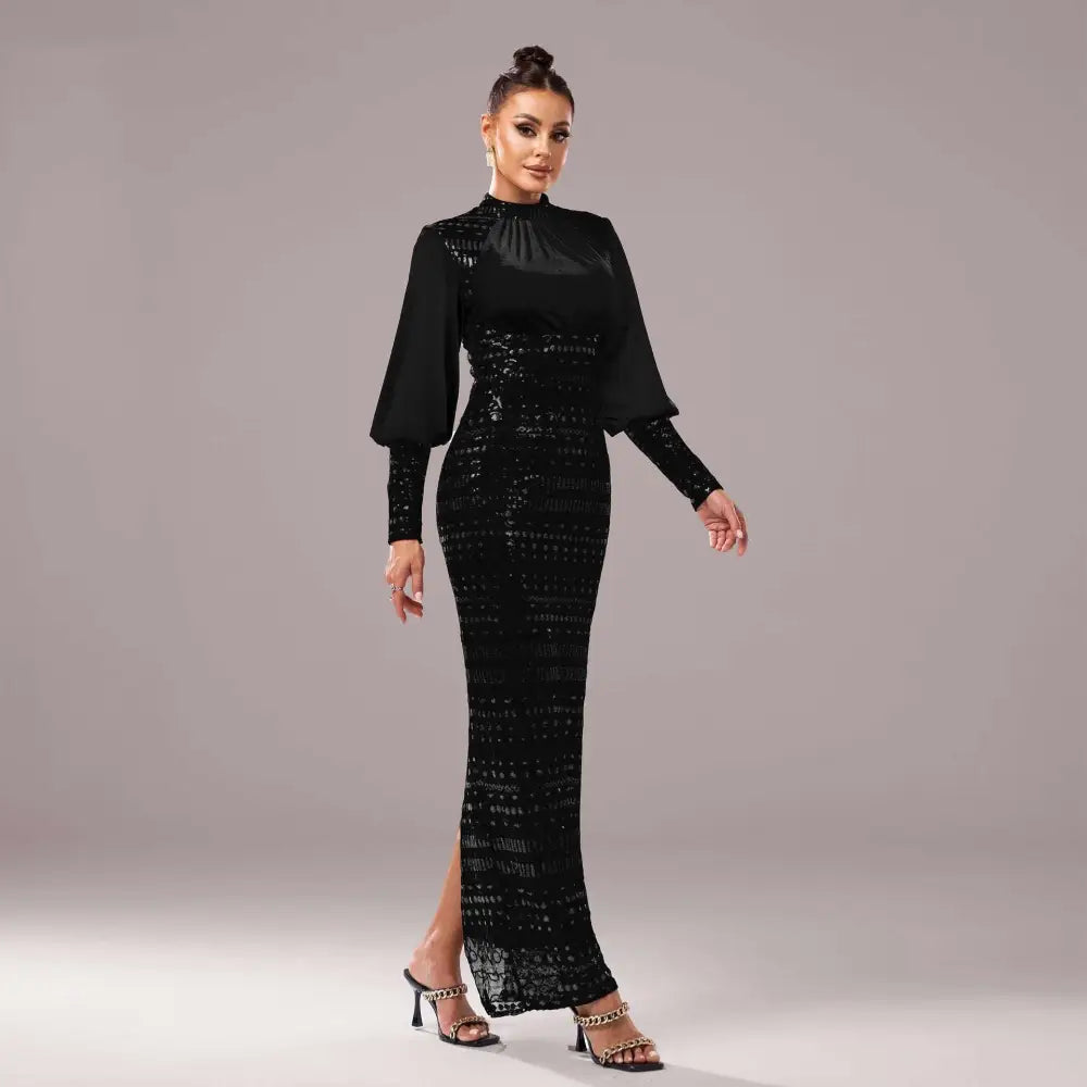 Black Lace Long Sleeve Round Neck Sequined Maxi Dress