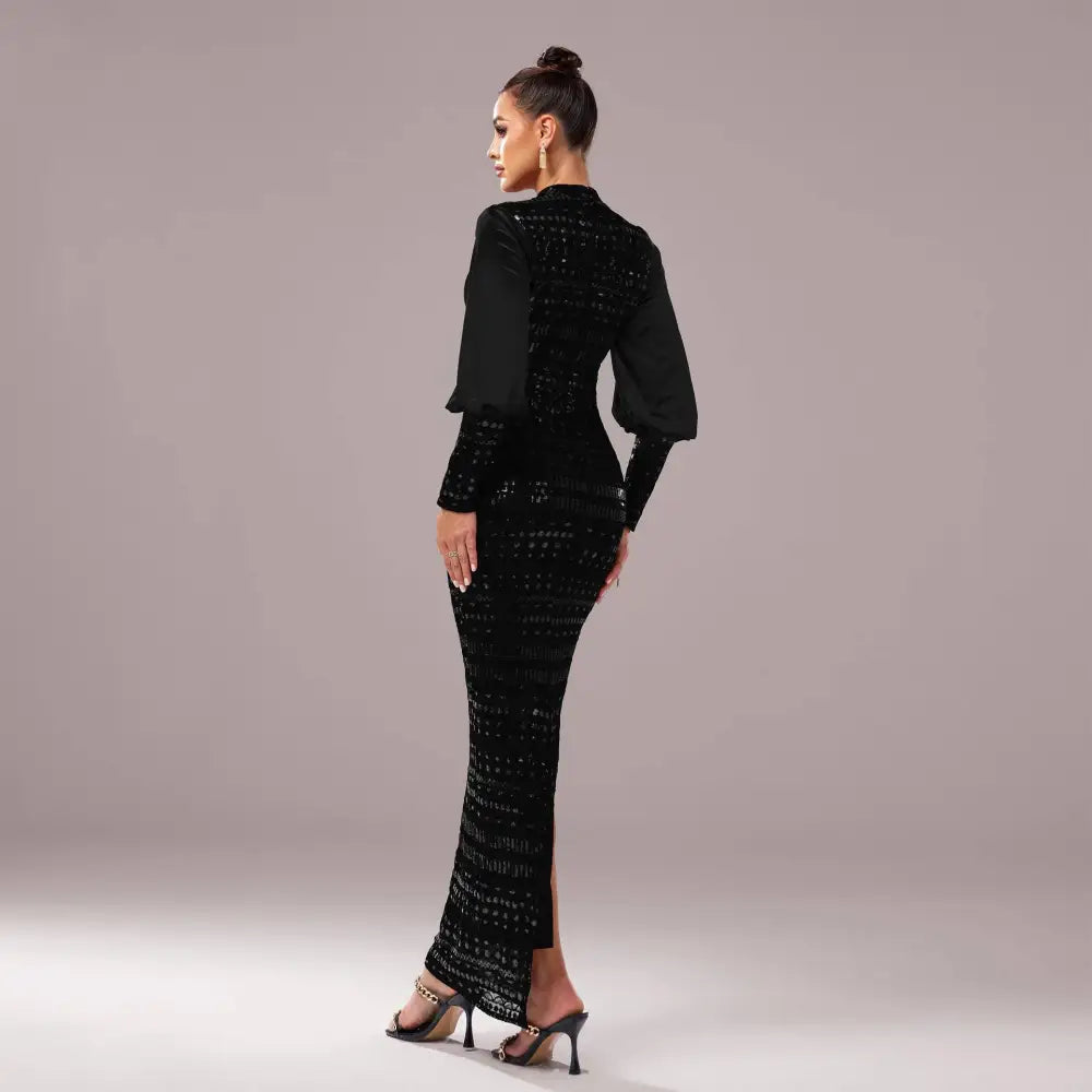 Black Lace Long Sleeve Round Neck Sequined Maxi Dress