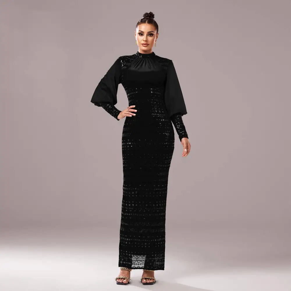 Black Lace Long Sleeve Round Neck Sequined Maxi Dress