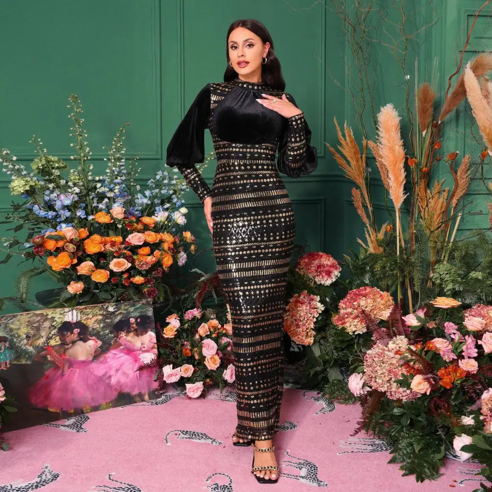Black Lace Long Sleeve Round Neck Sequined Maxi Dress