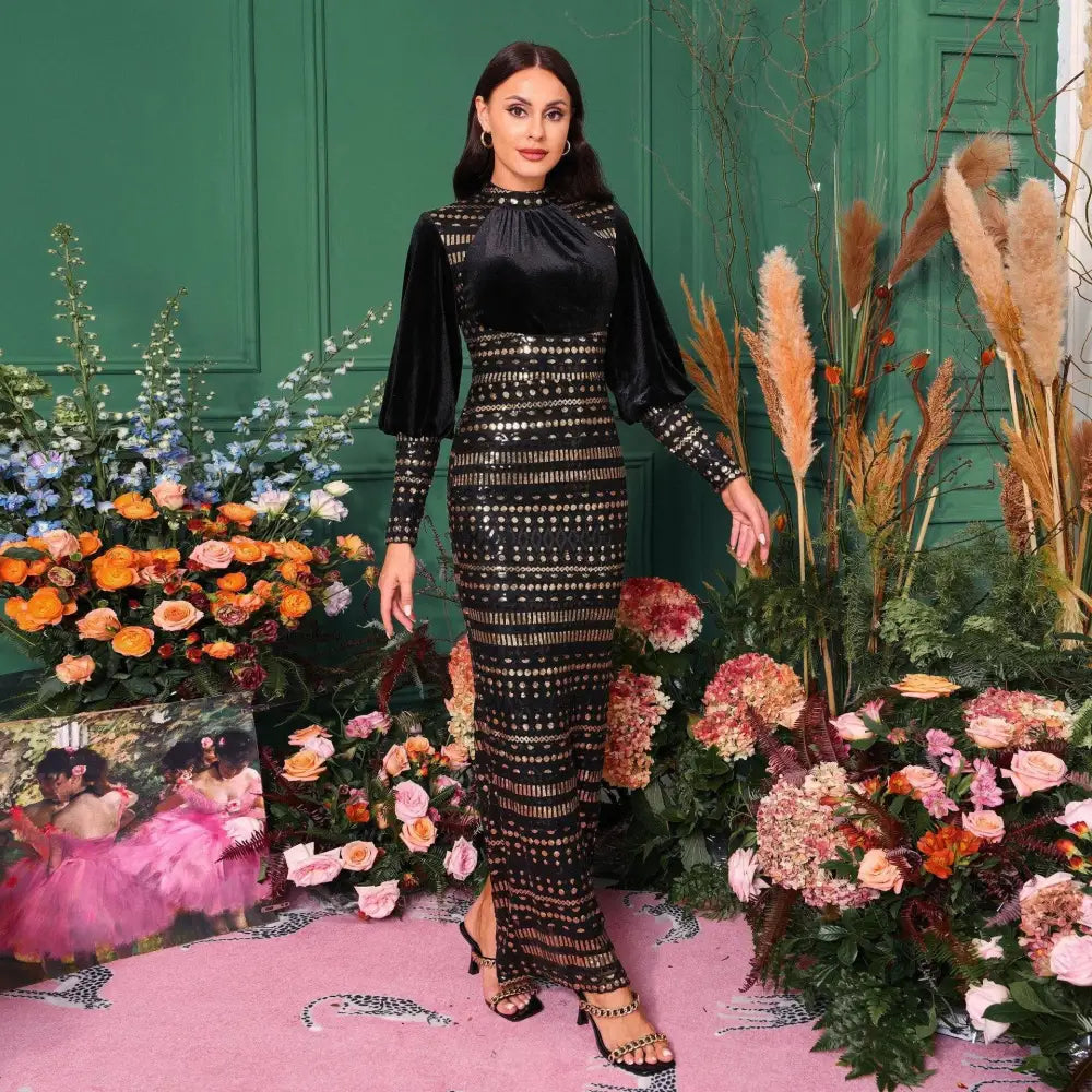 Black Lace Long Sleeve Round Neck Sequined Maxi Dress