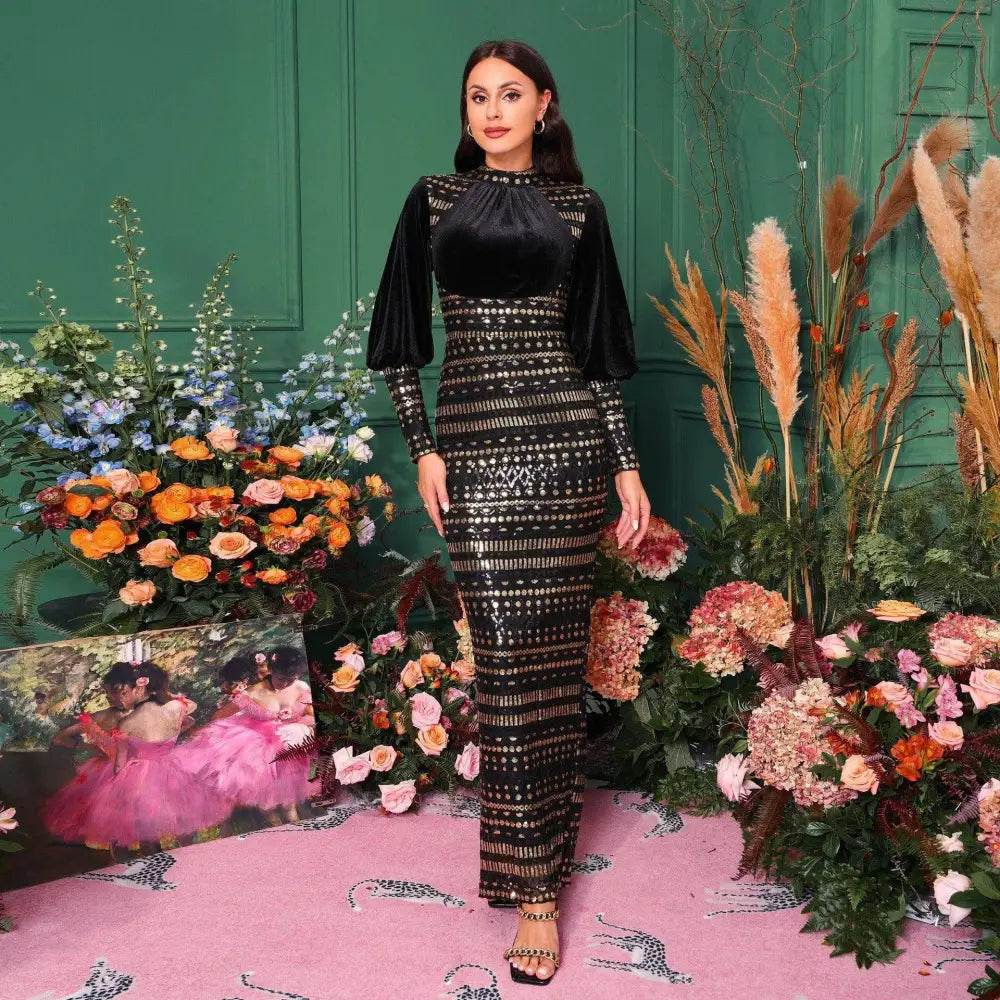 Black Lace Long Sleeve Round Neck Sequined Maxi Dress
