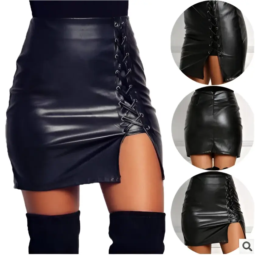 Black Lace Up Faux Leather Skirts