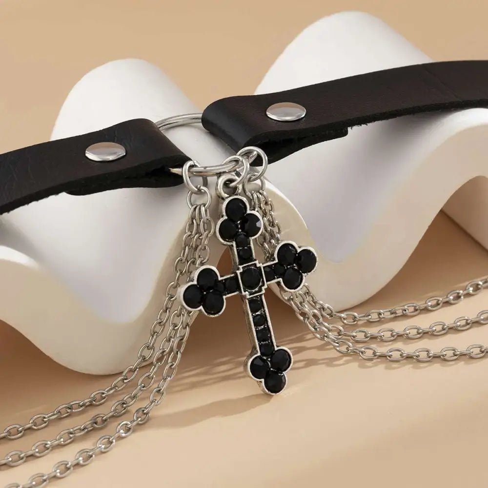 Black Leather Choker Alloy Necklace Cross