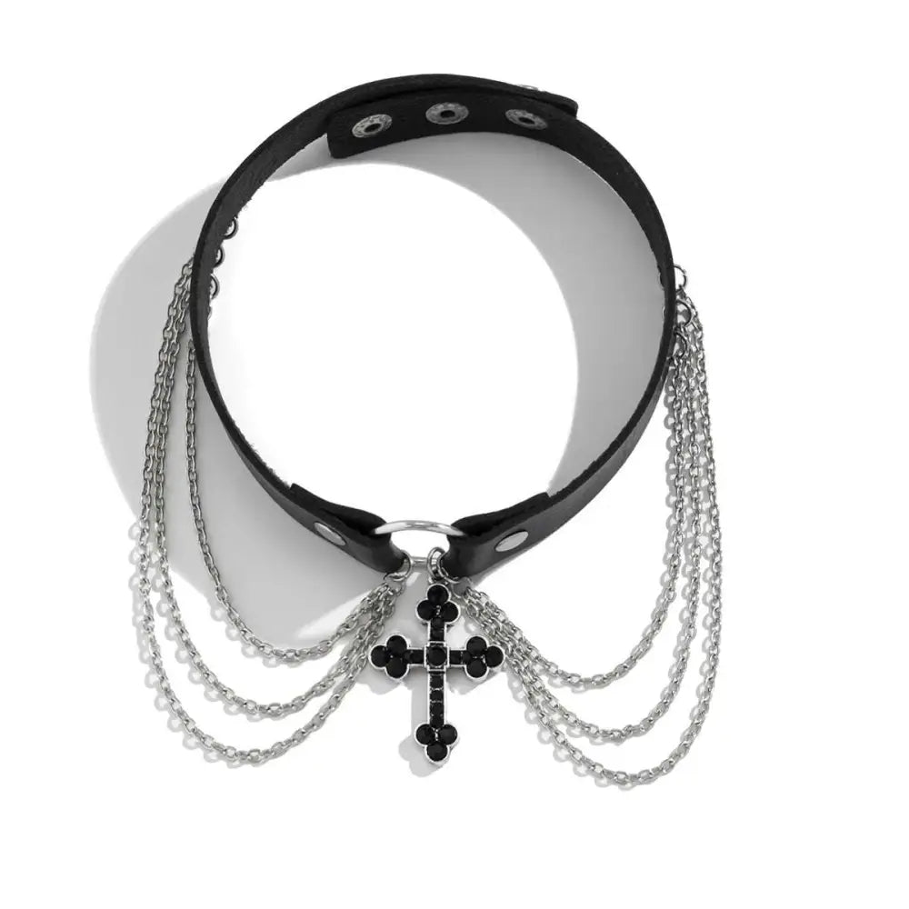 Black Leather Choker Alloy Necklace Cross
