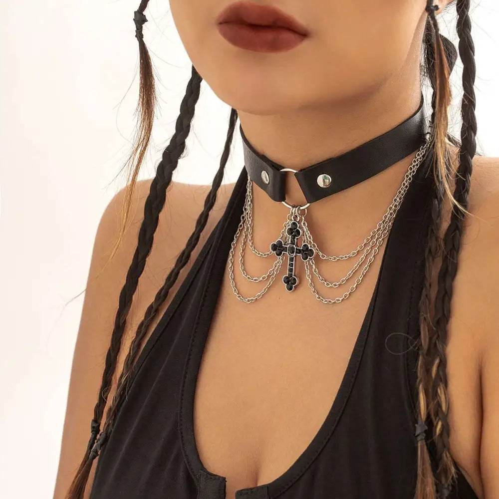 Black Leather Choker Alloy Necklace Cross