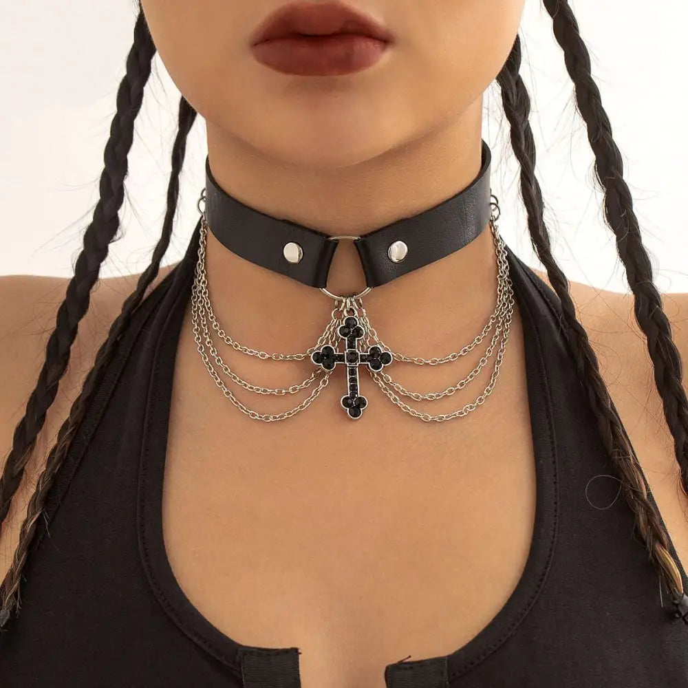 Black Leather Choker Alloy Necklace Cross
