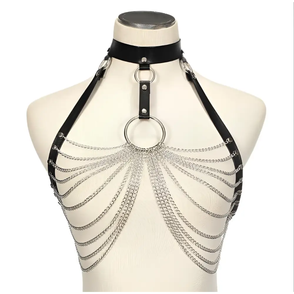 Black Leather Choker with Stitching Metal Chain