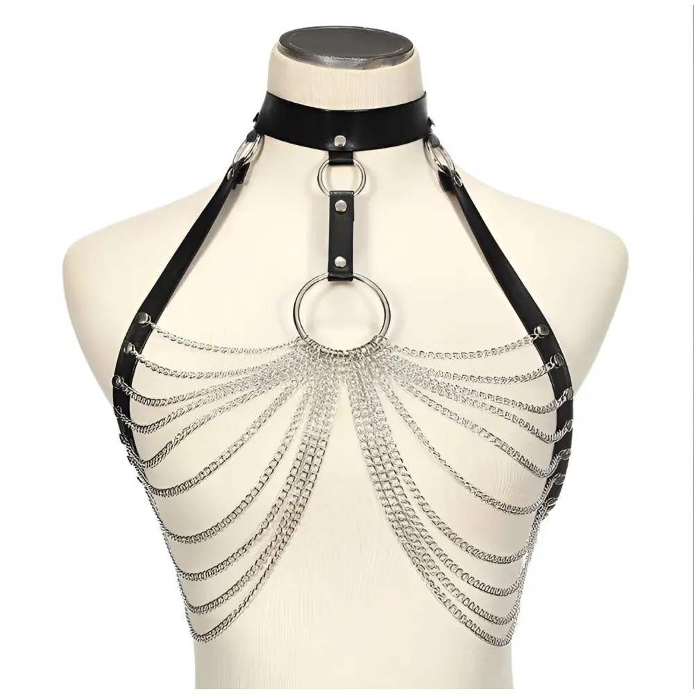 Black Leather Choker with Stitching Metal Chain