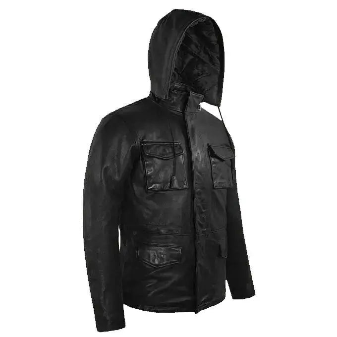 Men's Black M-65 Military Hooded Leather Jacket-2