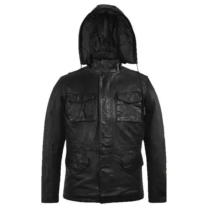 Men's Black M-65 Military Hooded Leather Jacket-0
