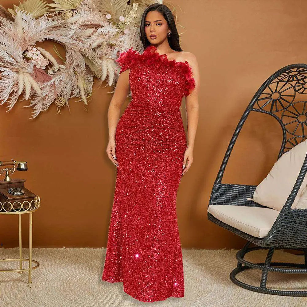 Black Paillette Feather Stitching Sequin Evening Dress