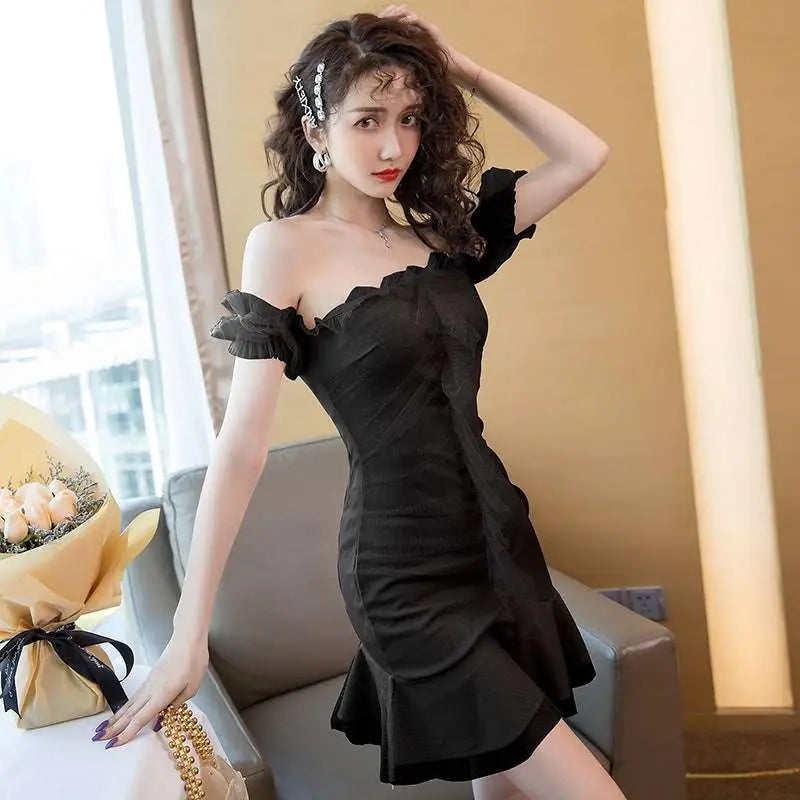 Black Ruffle One Shoulder Sexy Fishtail Dress