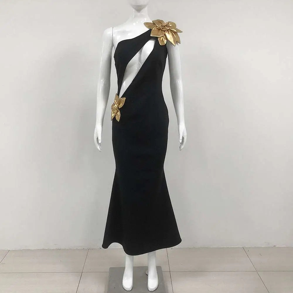Black Satin Bandage Golden Flower Maxi Dress