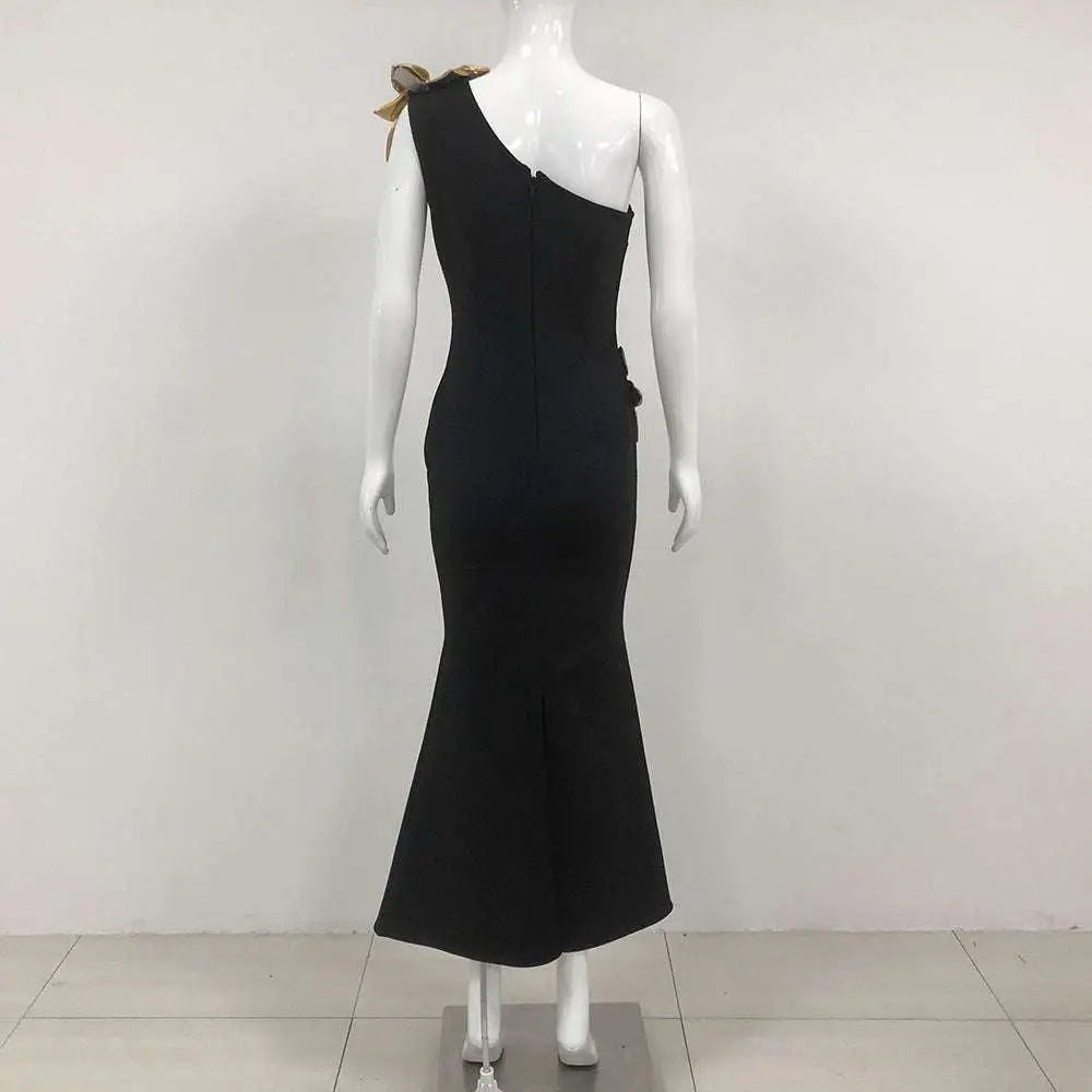 Black Satin Bandage Golden Flower Maxi Dress