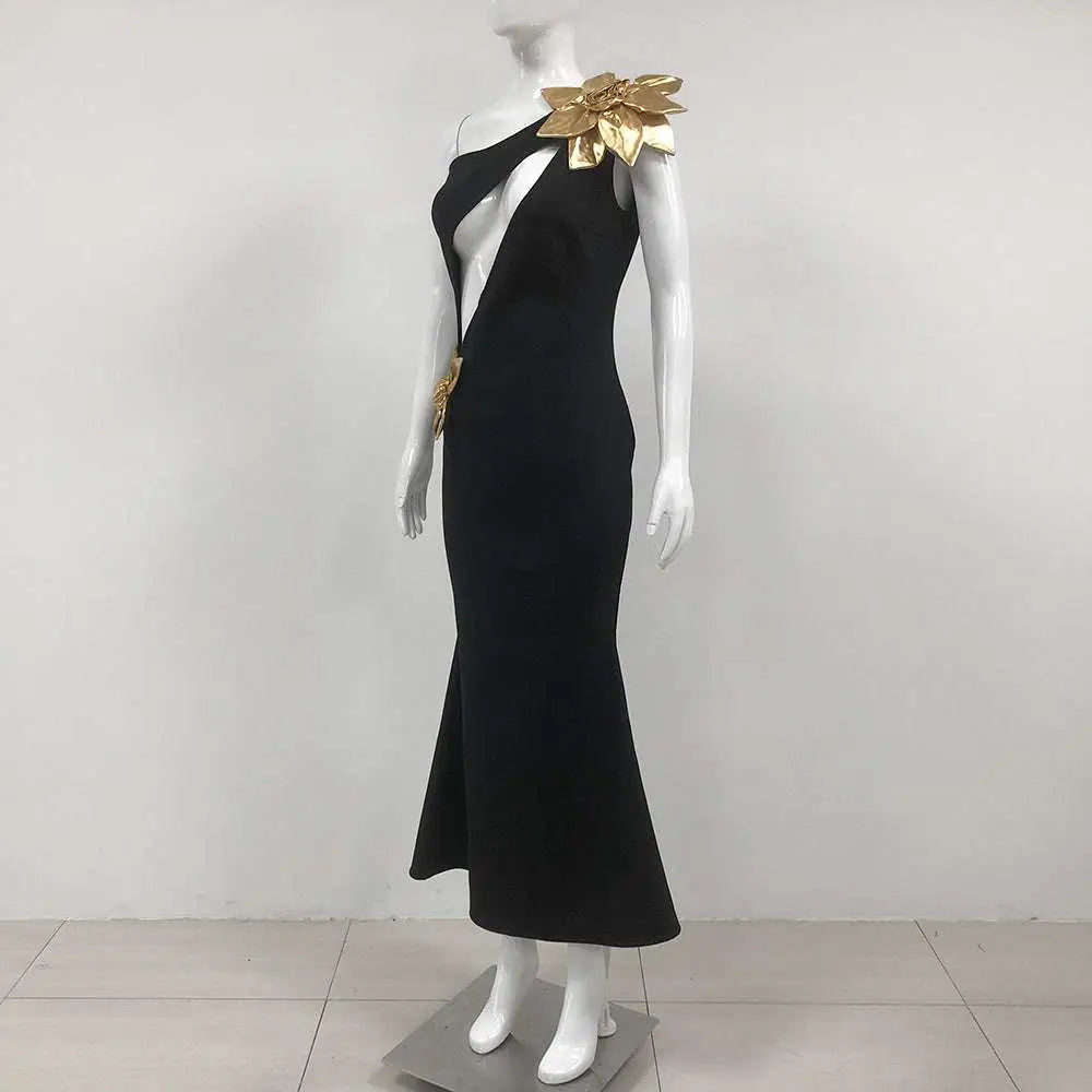Black Satin Bandage Golden Flower Maxi Dress