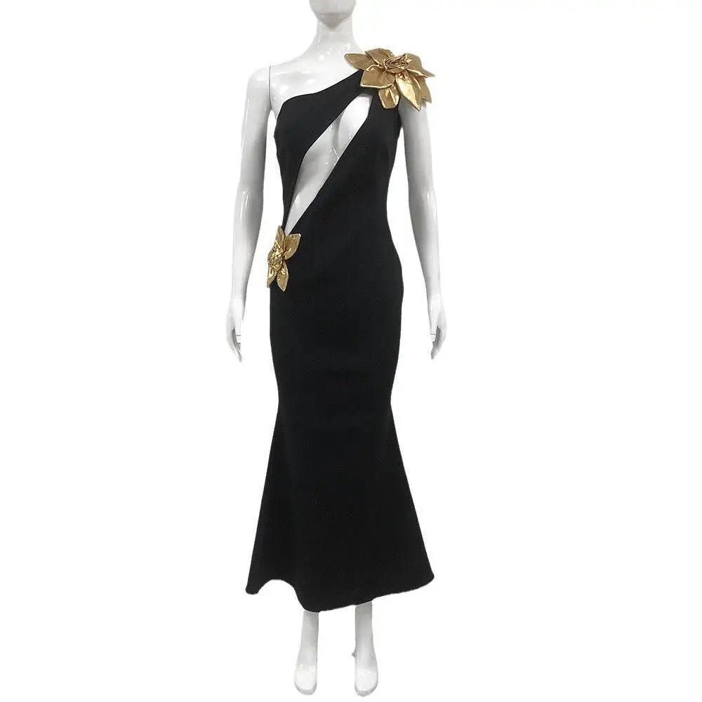 Black Satin Bandage Golden Flower Maxi Dress