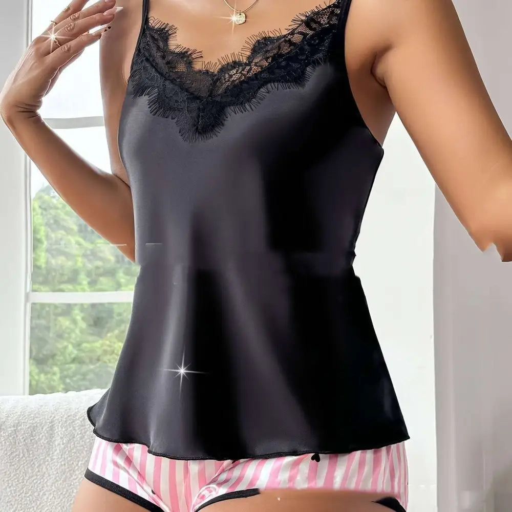Black Satin Lace Women’s Suspender Shorts Set