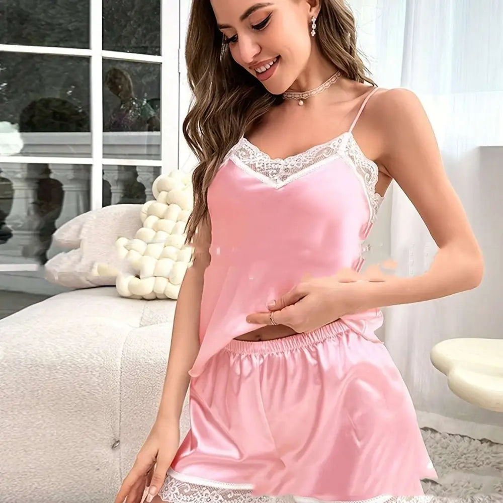 Black Satin Lace Women’s Suspender Shorts Set
