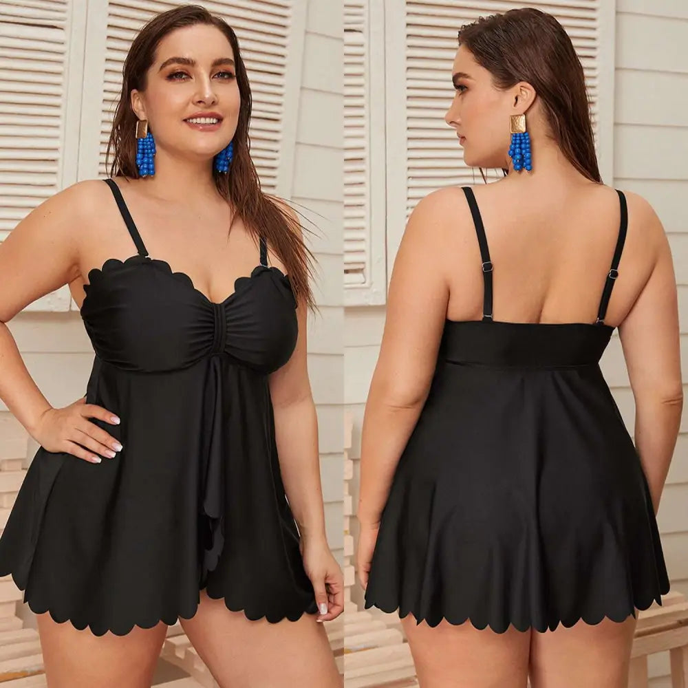 Black Scalloped Plus Size Bottoms Two Piece Set