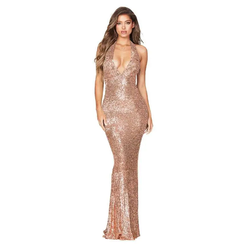 Black Sequined Deep V Halter Backless Dress