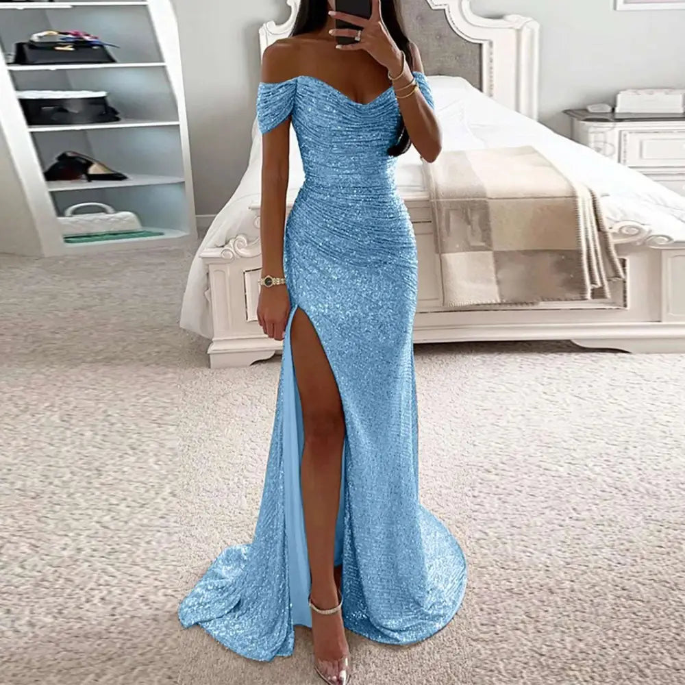 Black Sequined Female Creative Solid Color Slit Gown