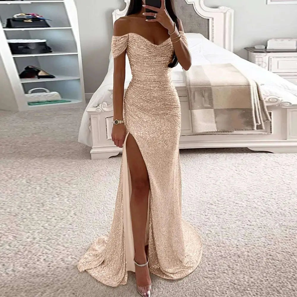 Black Sequined Female Creative Solid Color Slit Gown