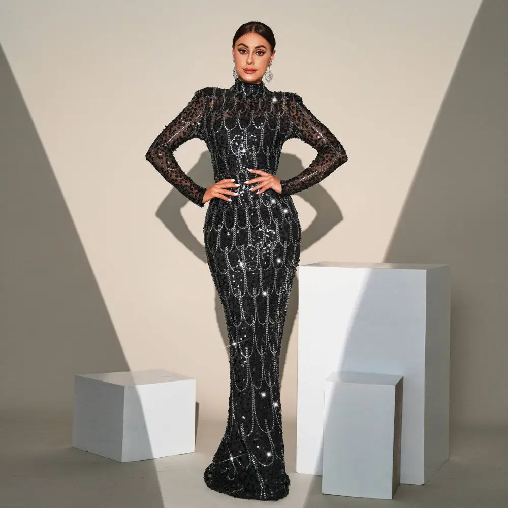 Black Sequined Long Sleeve Round Neck Evening Dress