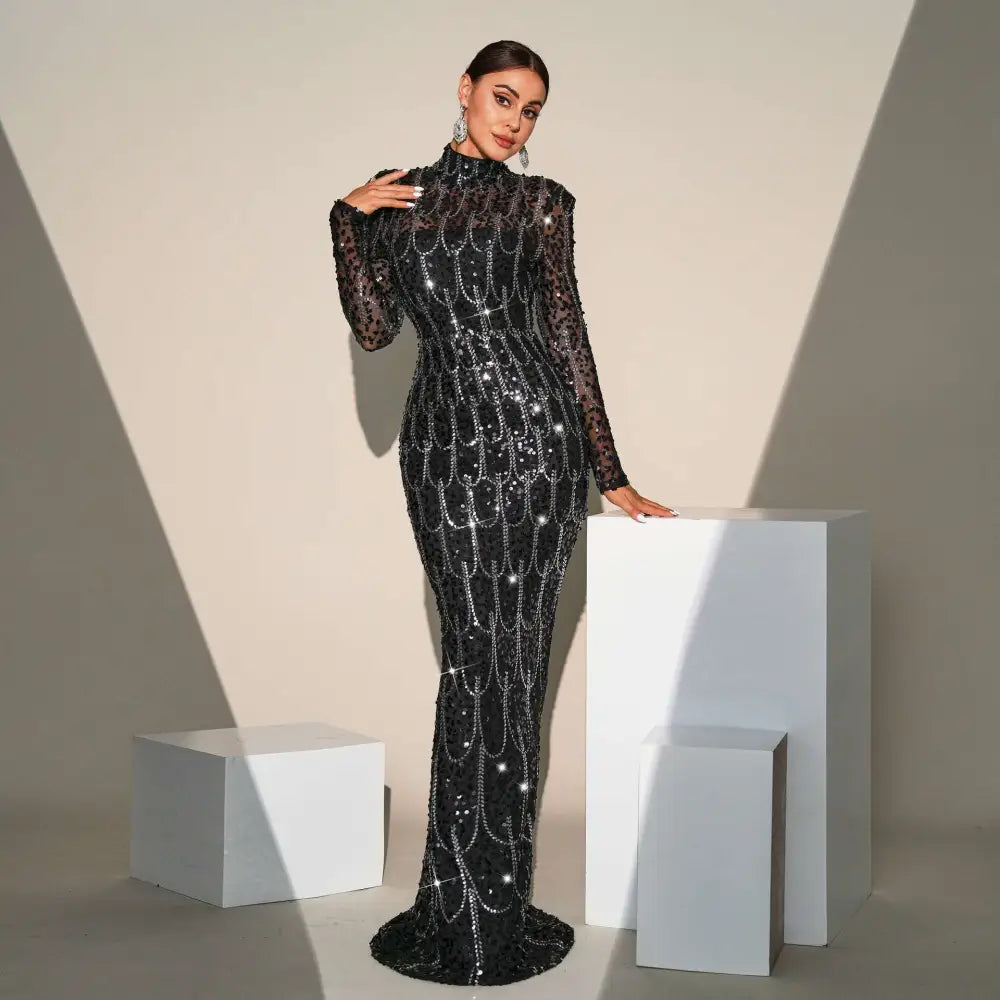 Black Sequined Long Sleeve Round Neck Evening Dress