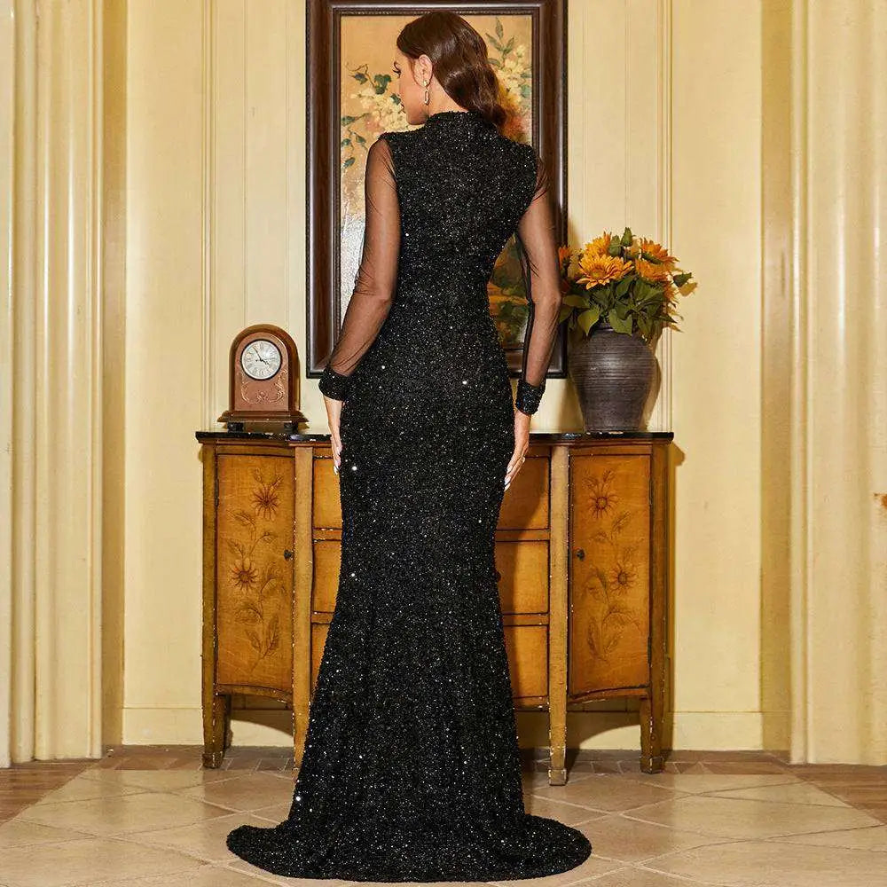 Black Sequined Long Sleeve Round Neck Fishtail Gown