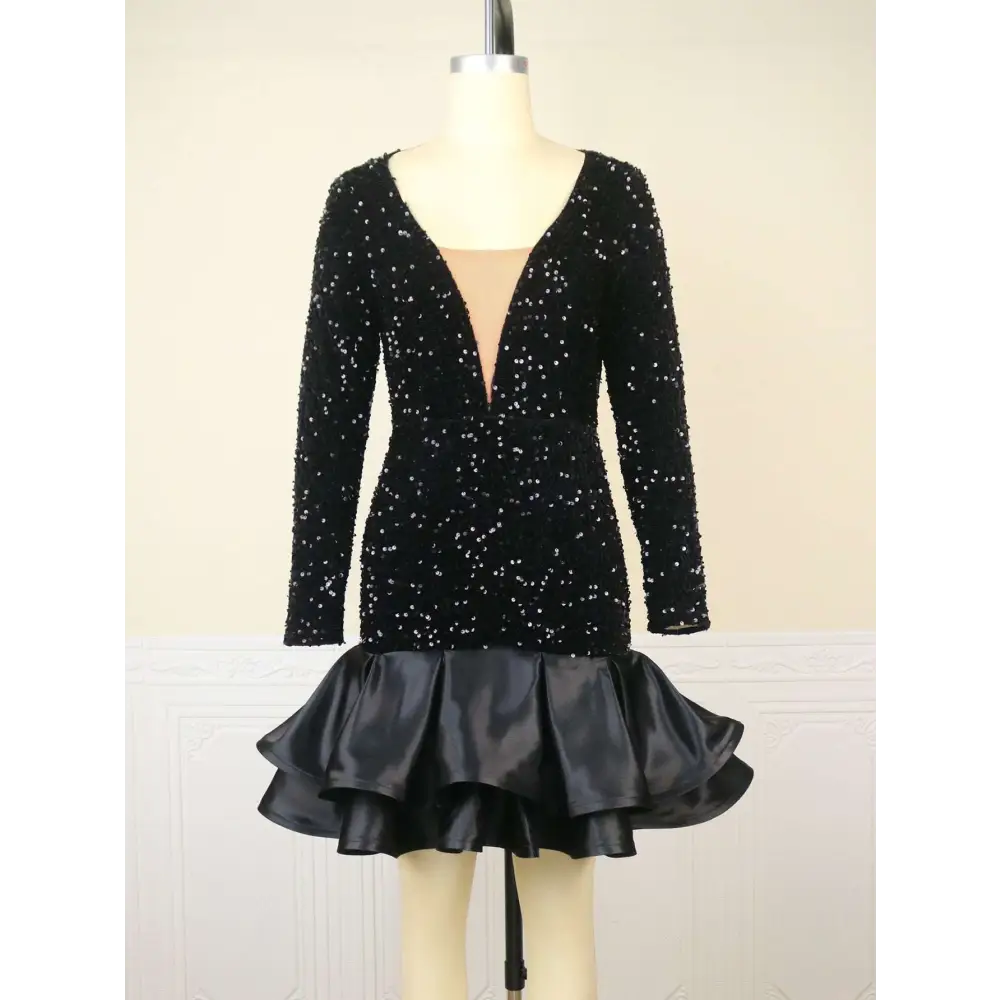Black Sequined V Neck Banquet Ball Party Dress