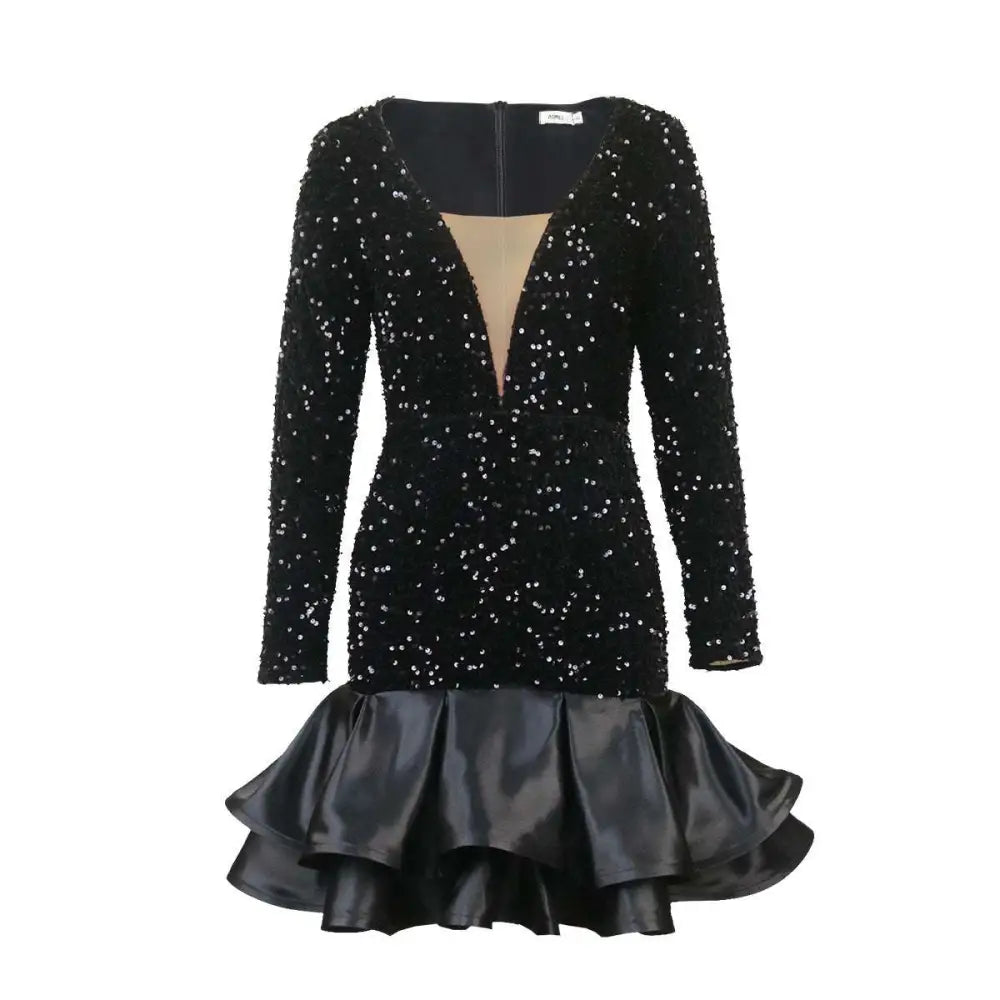 Black Sequined V Neck Banquet Ball Party Dress