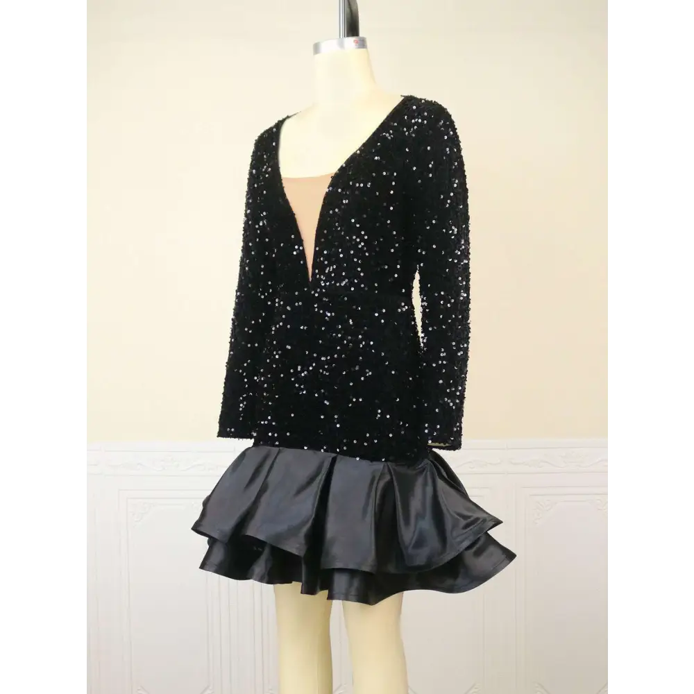 Black Sequined V Neck Banquet Ball Party Dress