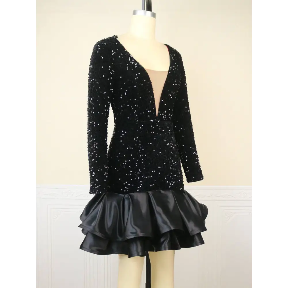 Black Sequined V Neck Banquet Ball Party Dress