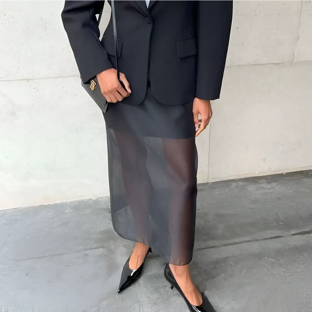 Black Sheer High Waist Slit Sheath Skirt