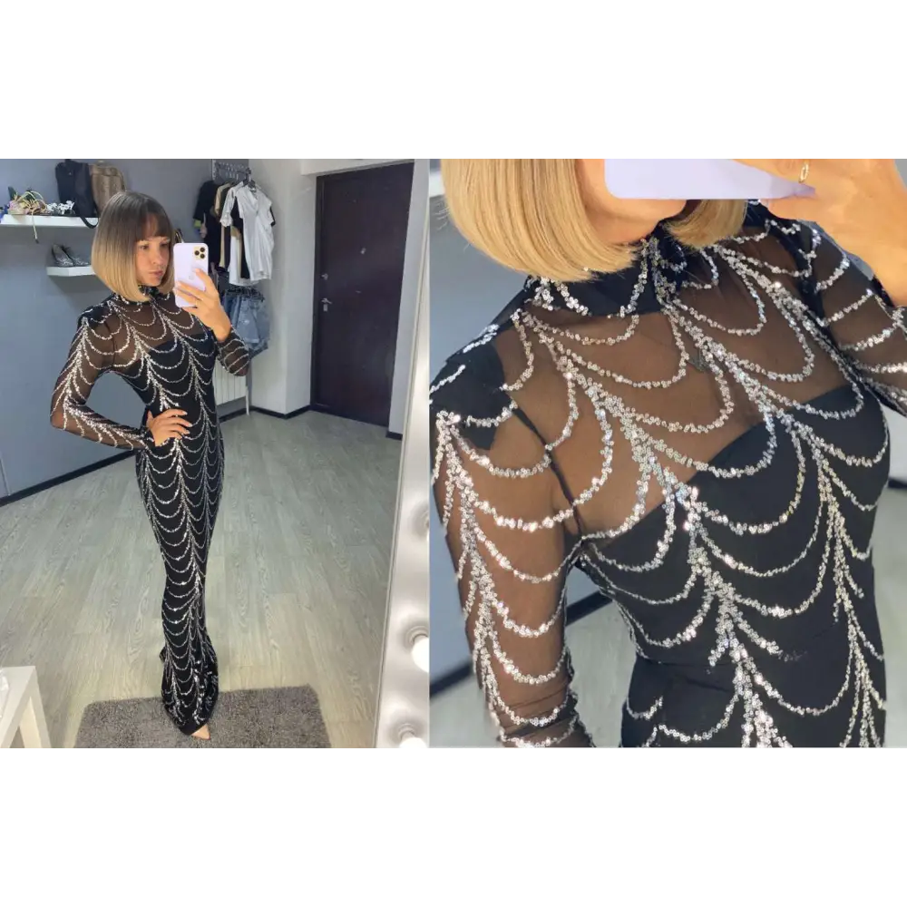 Black Silver Sequin Mermaid Women Maxi Dresses Long Sleeve