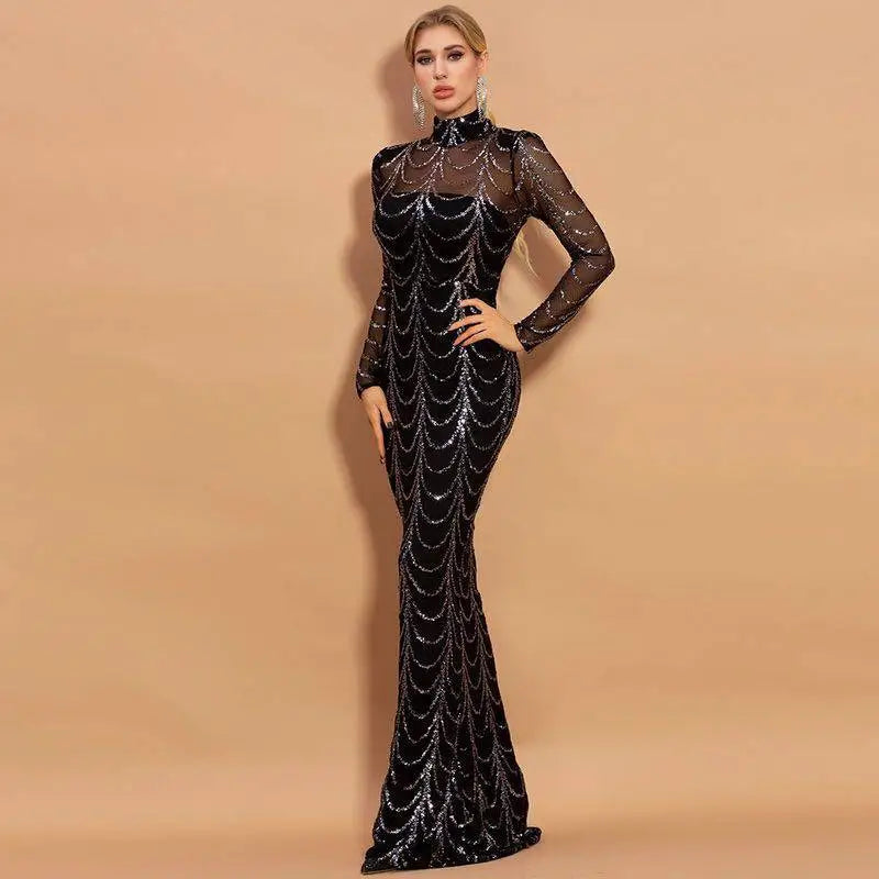 Black Silver Sequin Mermaid Women Maxi Dresses Long Sleeve