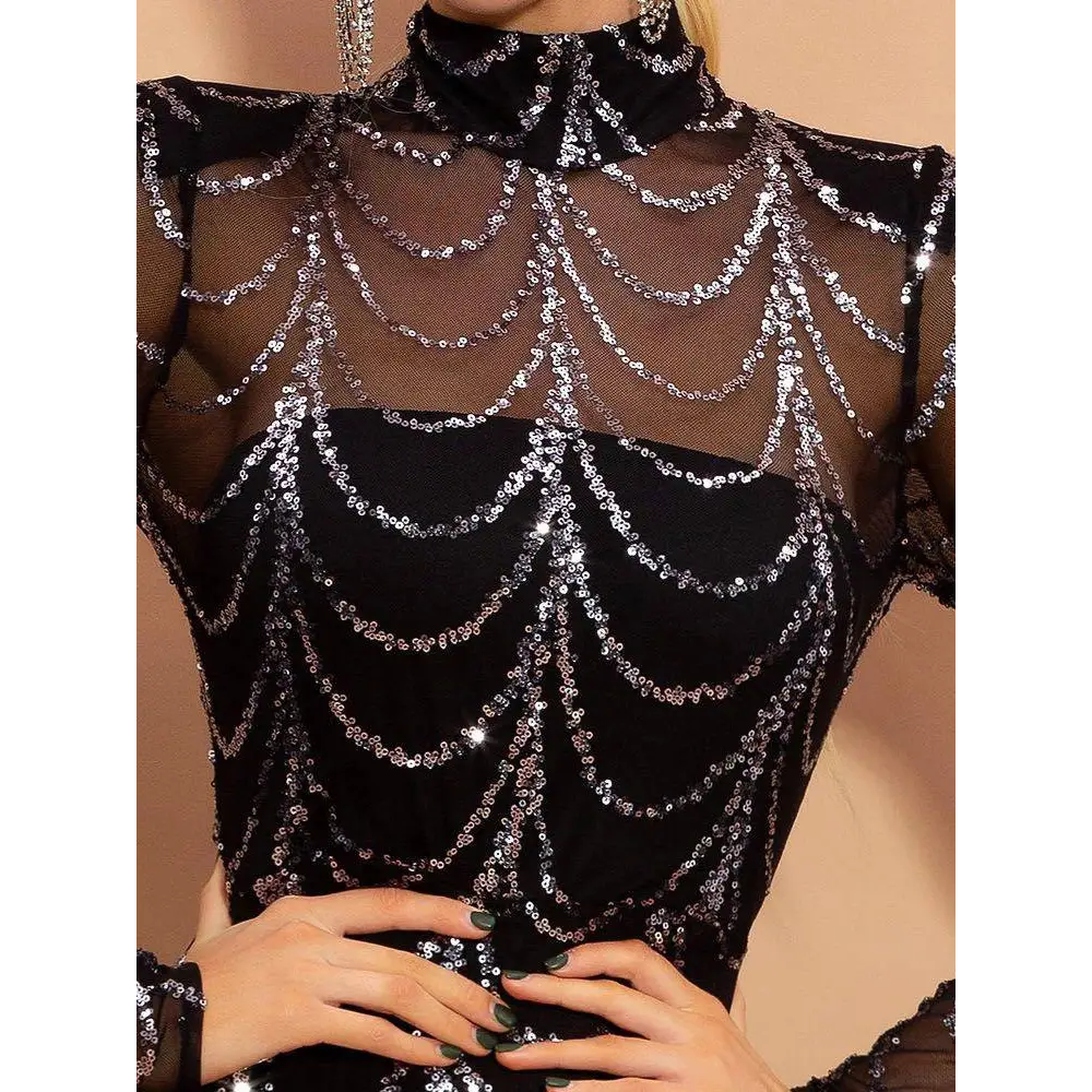 Black Silver Sequin Mermaid Women Maxi Dresses Long Sleeve