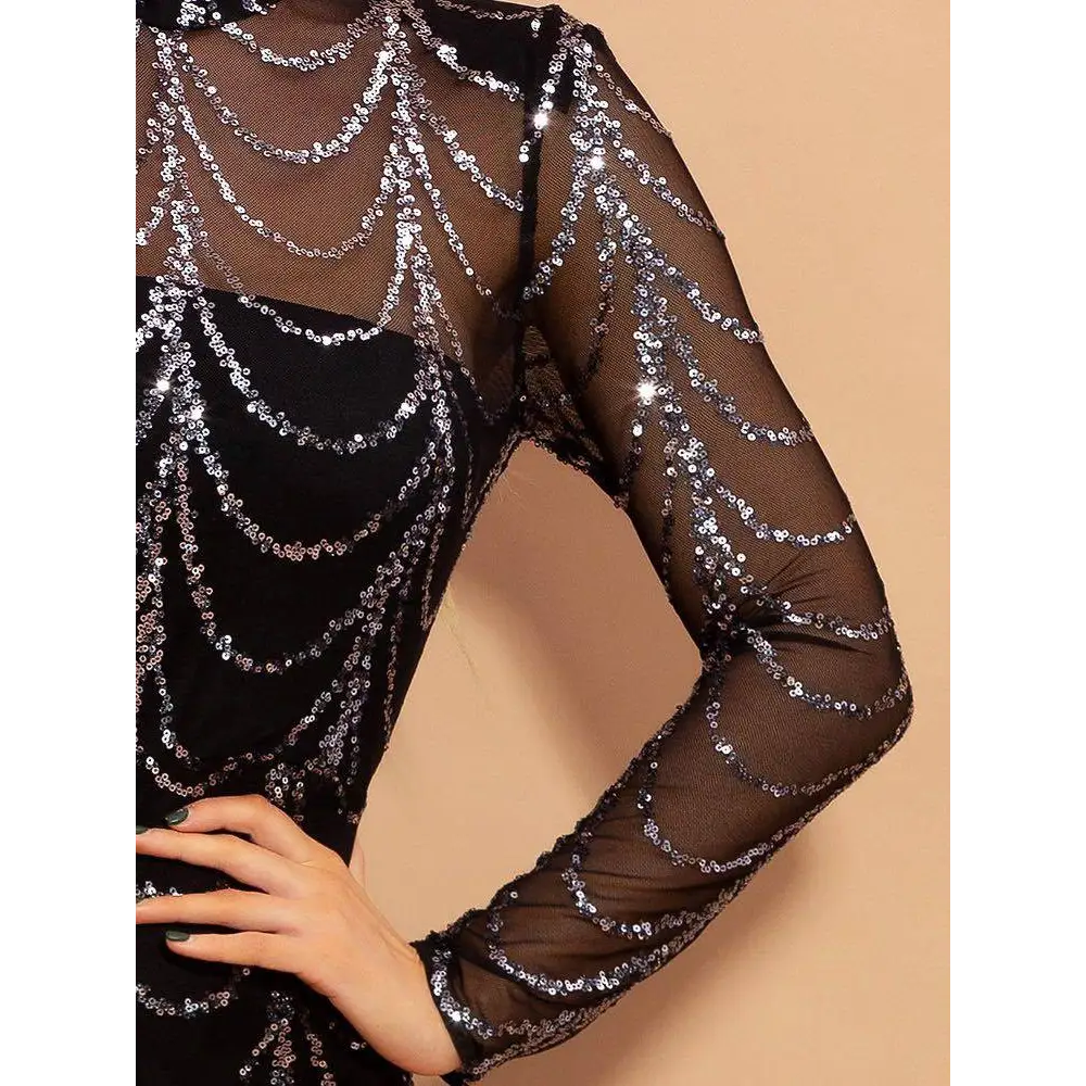 Black Silver Sequin Mermaid Women Maxi Dresses Long Sleeve