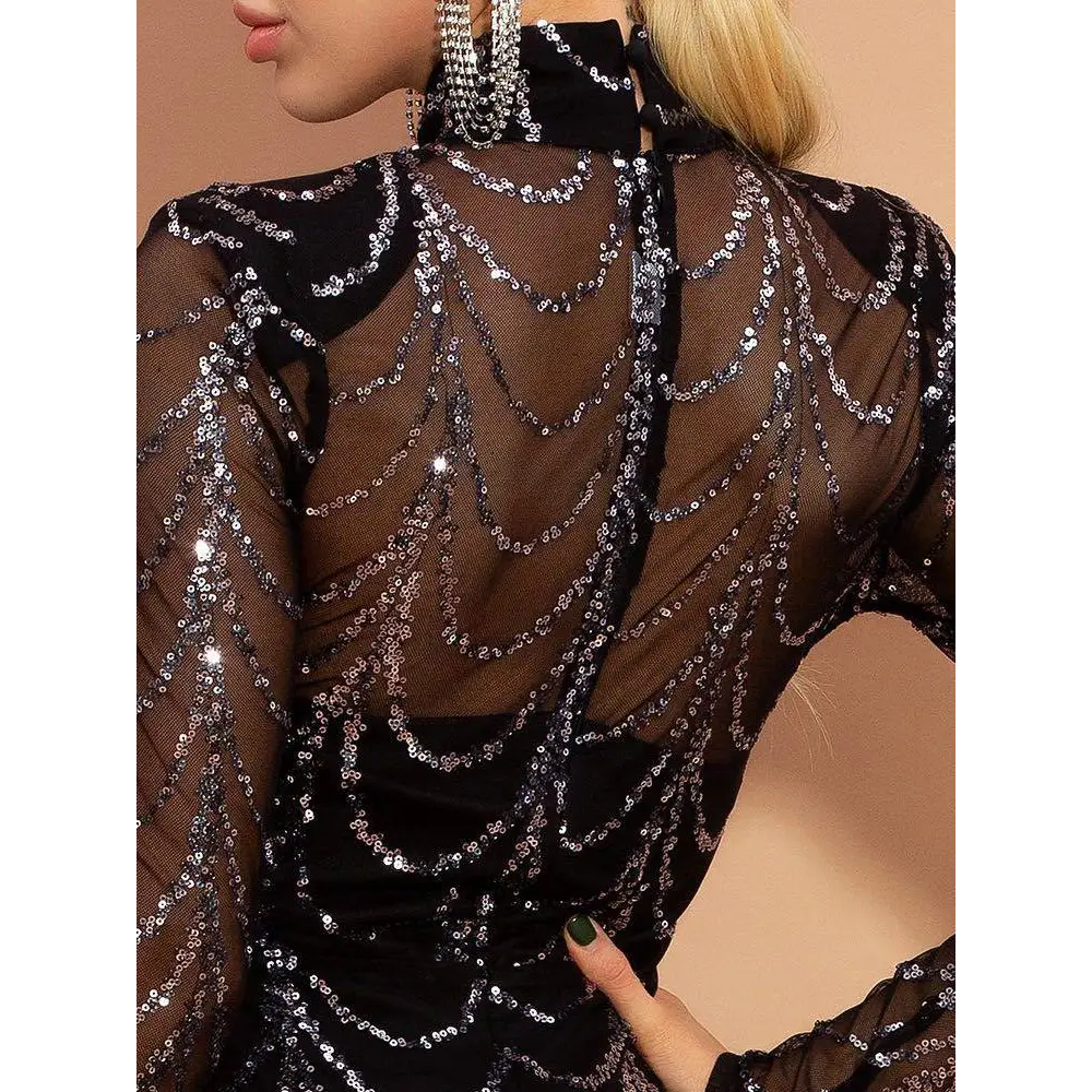 Black Silver Sequin Mermaid Women Maxi Dresses Long Sleeve
