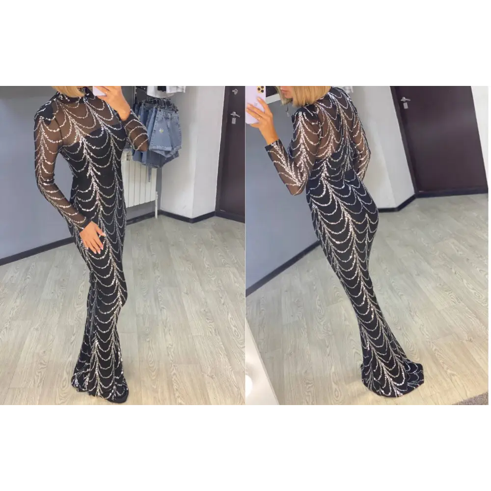Black Silver Sequin Mermaid Women Maxi Dresses Long Sleeve
